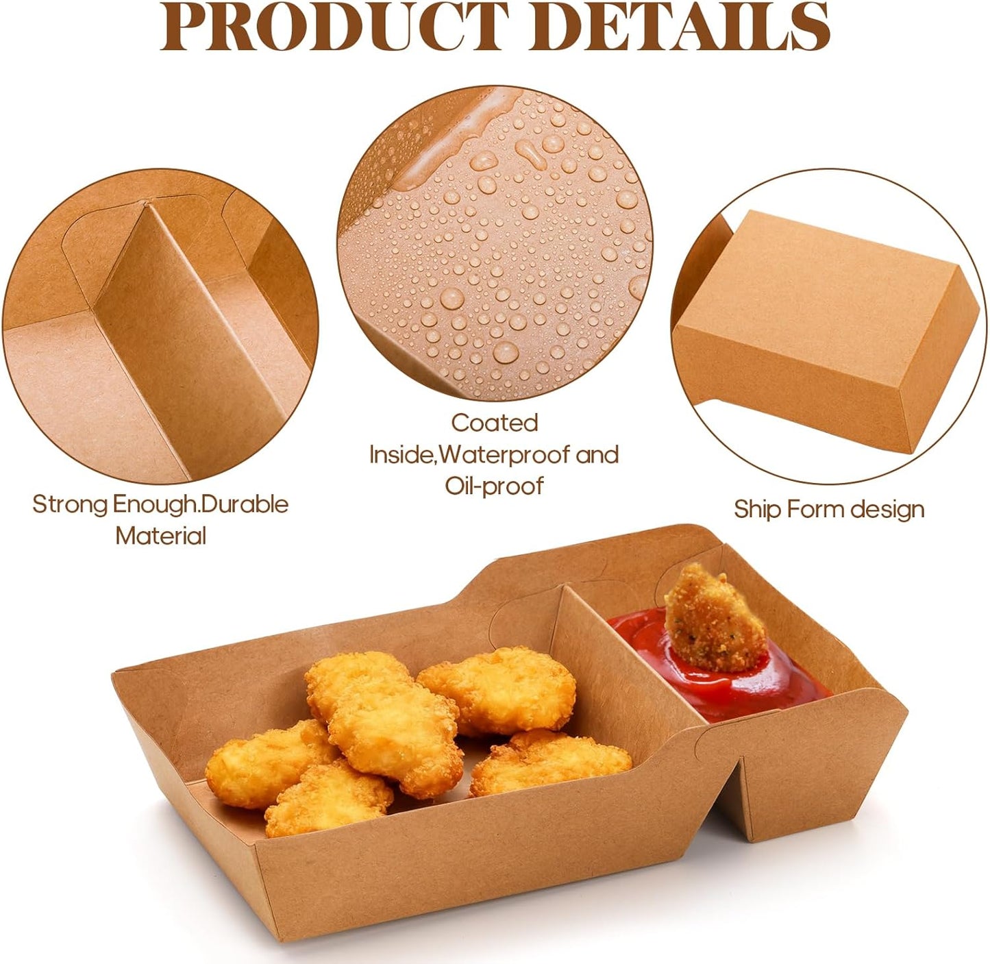 SOUJOY 100 Pack Food Serving Tray, 2 Compartment Disposable Kraft Nacho Boat Tray, Grease Resistant Heavy Duty Paperboard, Take Out Fast Food Snack Holder Container for Party