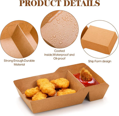 SOUJOY 100 Pack Food Serving Tray, 2 Compartment Disposable Kraft Nacho Boat Tray, Grease Resistant Heavy Duty Paperboard, Take Out Fast Food Snack Holder Container for Party