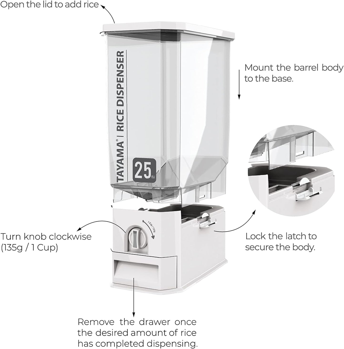TAYAMA 55 lbs. Capacity Rice Dispenser Grain Storage Container,White