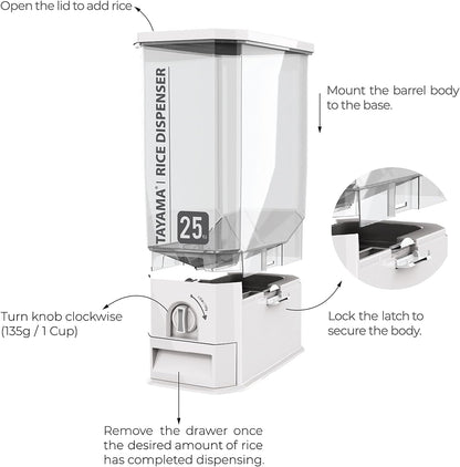 TAYAMA 55 lbs. Capacity Rice Dispenser Grain Storage Container,White