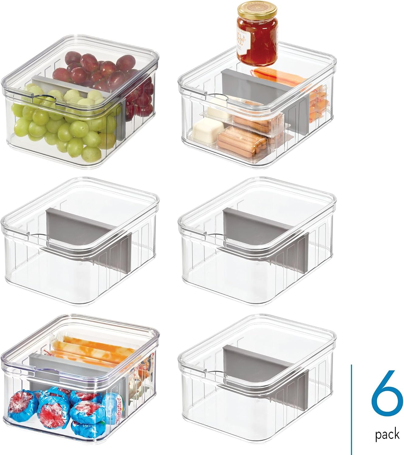 iDesign Small Fridge Organizer Bin with Removable Divider and Lid - Set of 6 - Clear/Gray