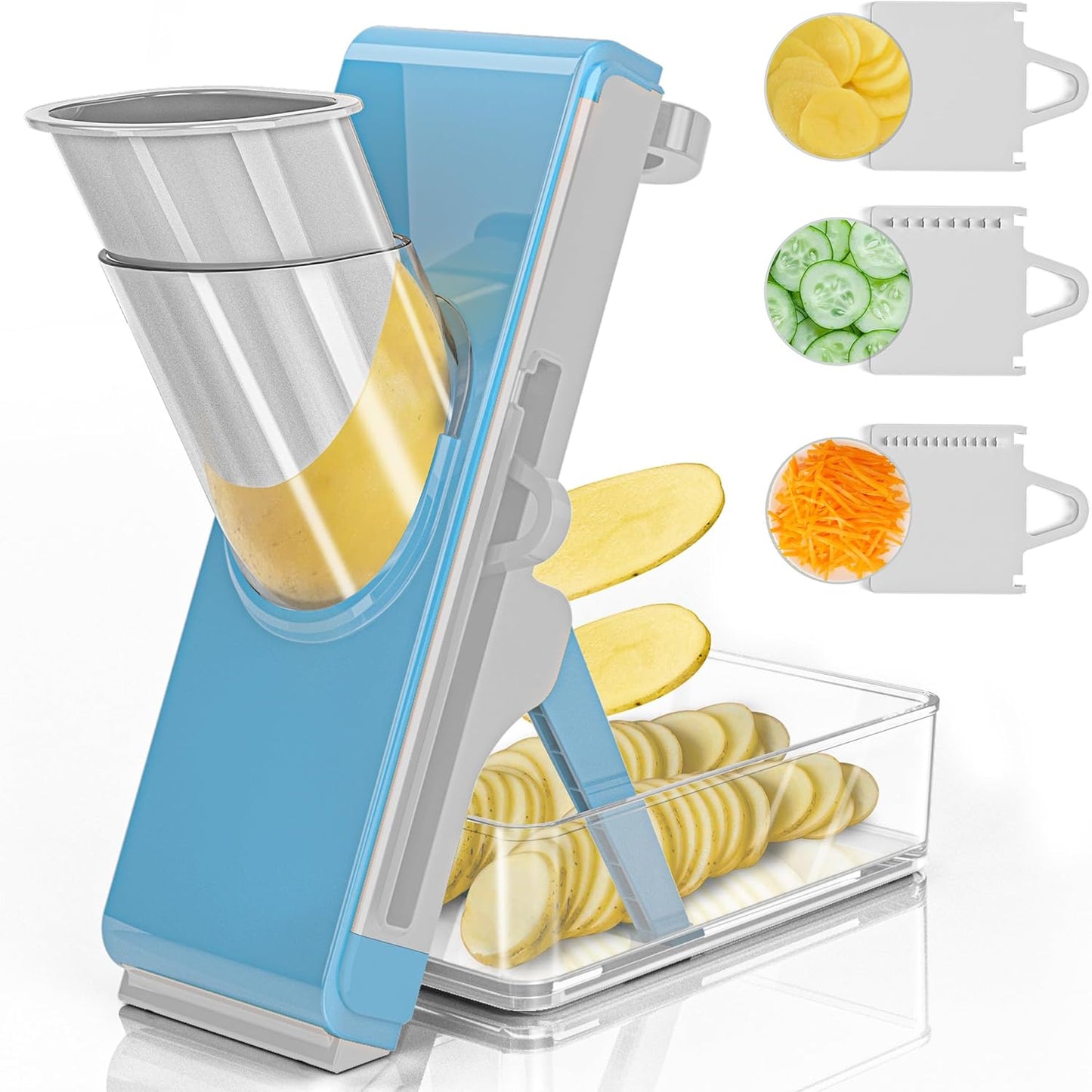 Eletronova Safe Mandoline Slicer for Kitchen, Vegetable Slicer with Container, French Fry Cutter, All in 1 Julienne Slicer for Potato, Thickness Adjustable, Detachable Blade (Gray)