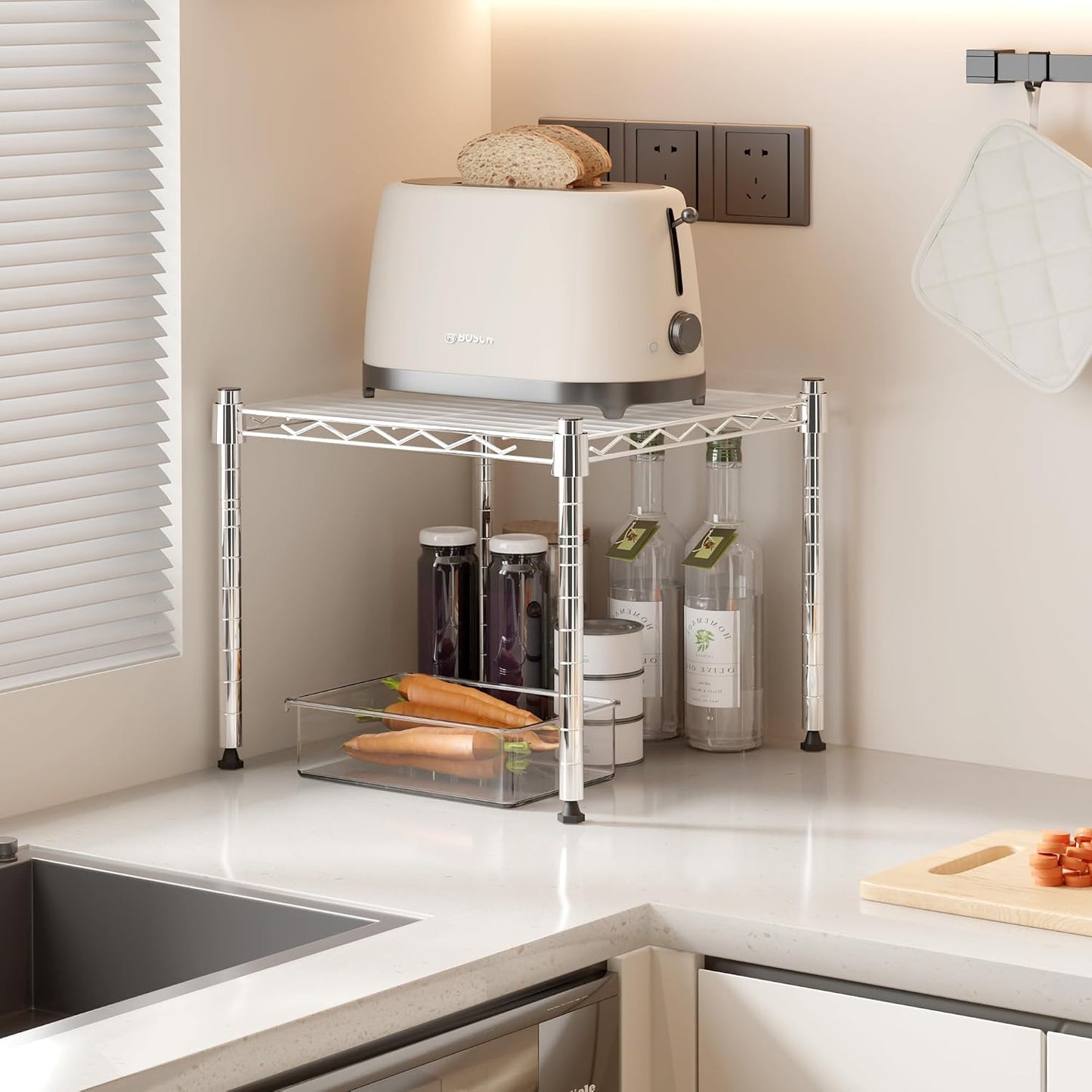 Whitmor 2-Wire Shelving Unit, Metal Storage Shelves, Stacking Shelf with Basket, Easy Assembly Home Organizer for Pantry, Kitchen, Garage, Plant