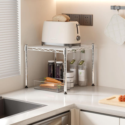 Whitmor 2-Wire Shelving Unit, Metal Storage Shelves, Stacking Shelf with Basket, Easy Assembly Home Organizer for Pantry, Kitchen, Garage, Plant
