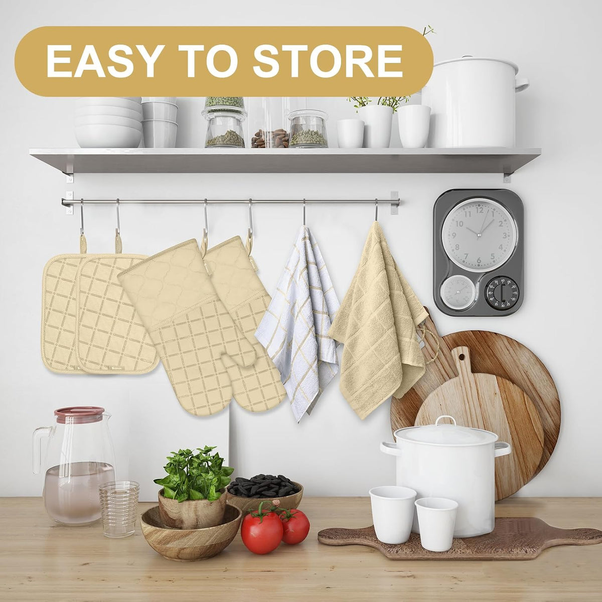 Oven Mitts Kitchen Towels and Dishcloths Pot Holders Sets, Oven Gloves Kitchen Dish Towels 500 Degree Heat Resistant Potholders with Non-Slip Silicone Surface for Cooking, Grilling, Baking-Gray