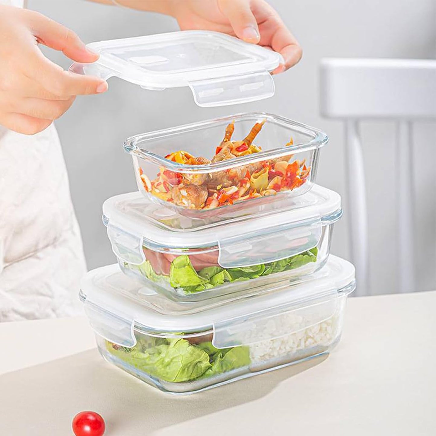 6 Pieces Rectangle Glass Food Storage Containers with Lids, Meal Prep Containers for Food Storage, BPA Free & Leak Proof (3 lids & 3 Containers) 13.9oz, 24oz, 35oz (Pink)