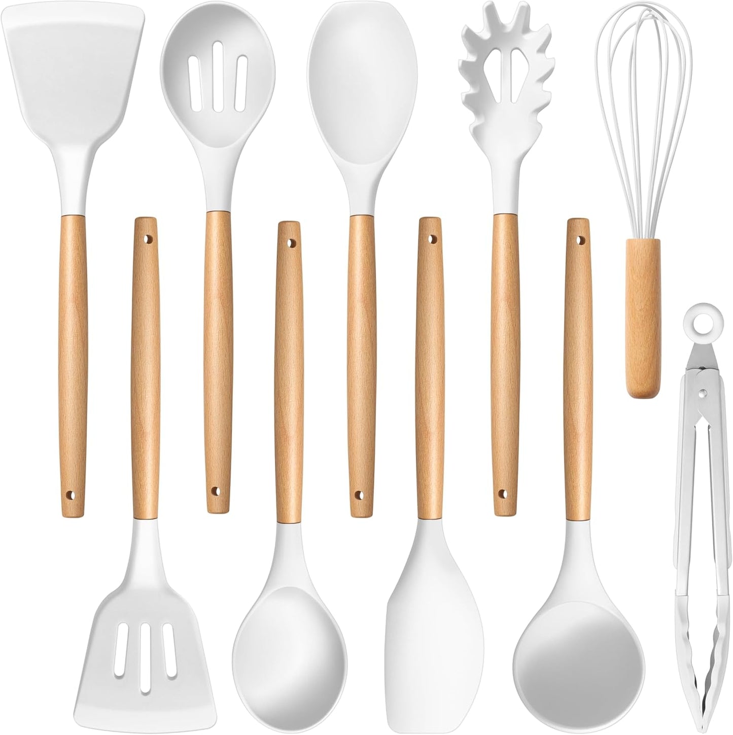 E-far Silicone Cooking Utensils Set, 5-Piece Kitchen Utensils Set with Wooden Handle for Cooking, Silicone Kitchen Nonstick Tools Spatula Turner Slotted Spoons, Nontoxic & Heat Resistant-Khaki