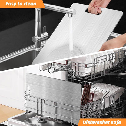 New Upgraded Titanium Cutting Board, Stainless Steel Cutting Boards For Kitche, Dishwasher Safe Double-sided Chopping Board with Peeler and Anti-slip Mat(18"L x 12"W)