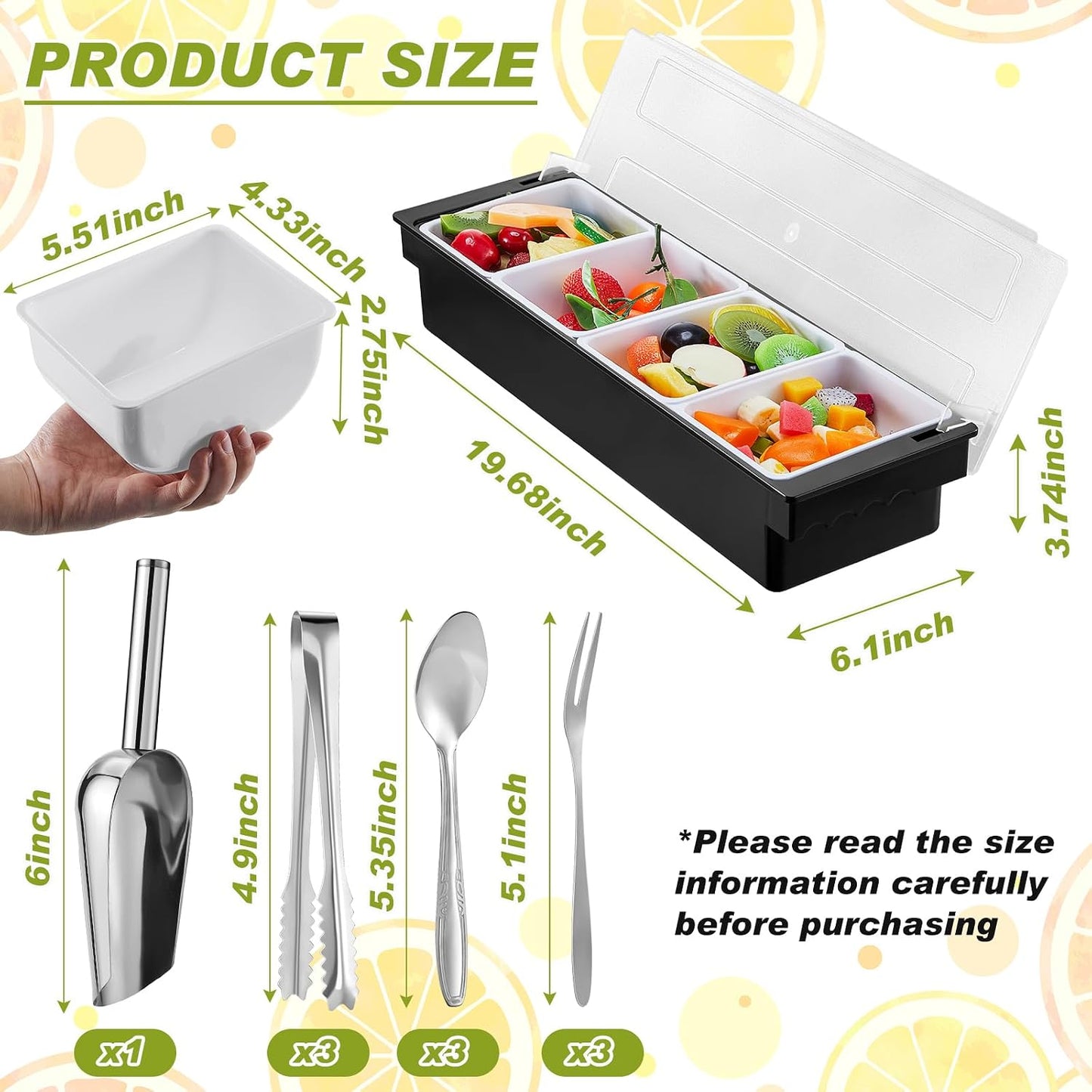 Tessco for you Garnish Tray with Lid Bar Caddy Ice Cooled Condiment Serving Container with Ice Scoop Metal Mini Serving Tongs Fruit Fork Spoons for Food Home Party Kitchen(Plastic,6 Grids)