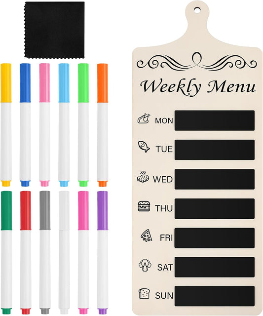 Catcan Magnetic Menu Board for Fridge Meal Planner Magnet Wood Chalkboard Menu Board Dry Erase Calendar Weekly Meal Planner for Kitchen Decor with 12-Color Markers and A Towel