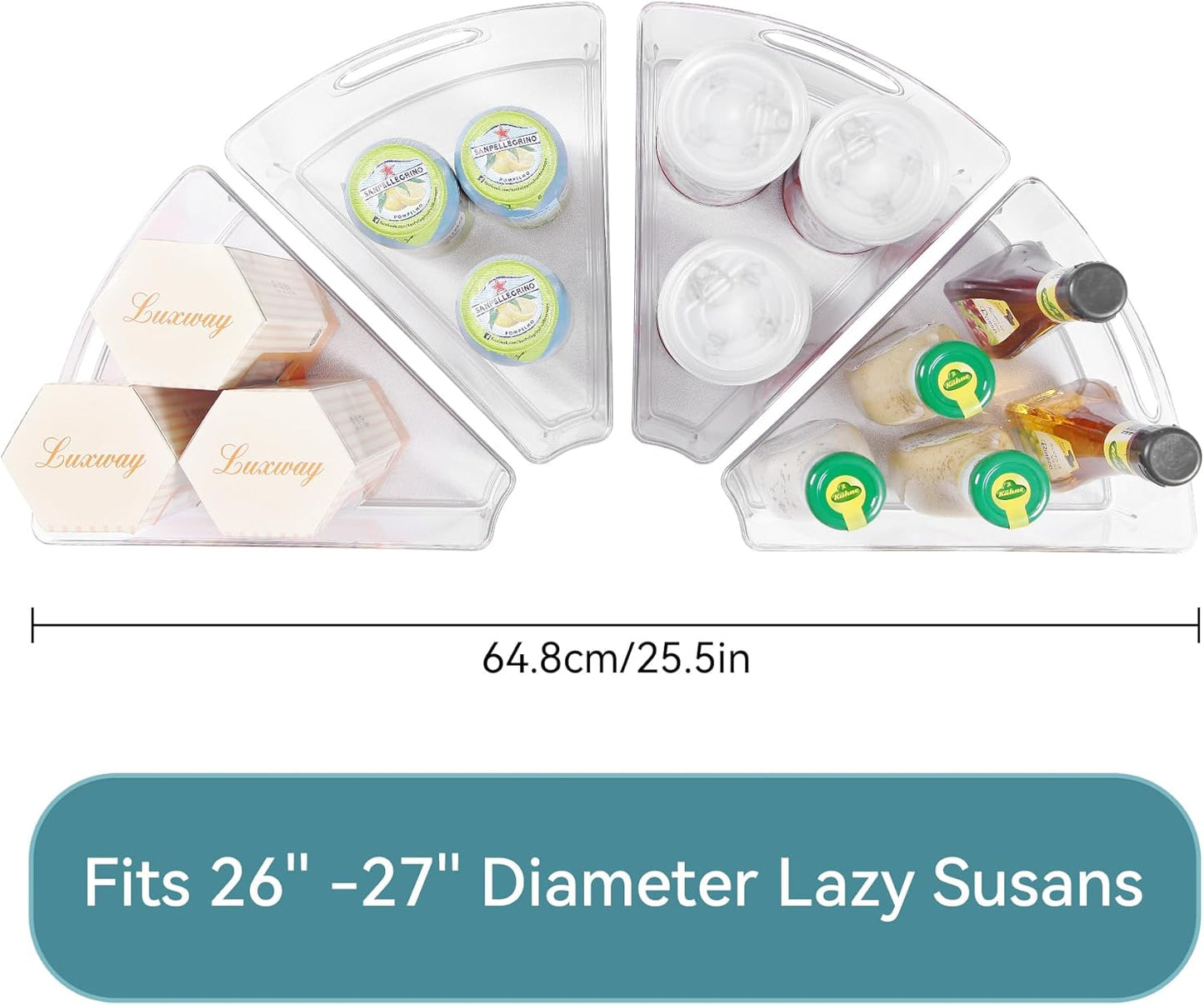 Oubonun Lazy Susan Organizers Set of 6, 11.6’’ x 10.2’’ x 4.1’' Plastic Transparent Kitchen Cabinet Storage Bins with Handle, 4.1" Deep Container, 1/8 Wedge - Food Safe, without BPA