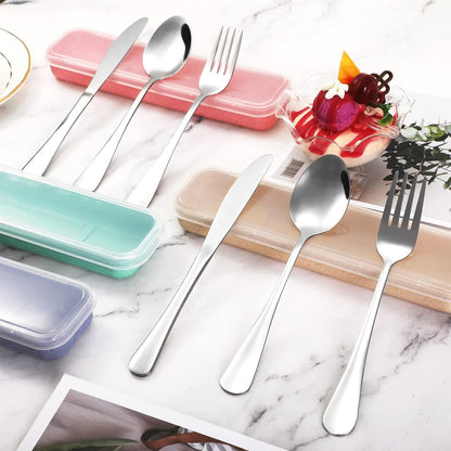 Yinkin 4 Pack Portable Travel Utensils Set with Case Reusable Stainless Steel Silverware Flatware Camping Cutlery Include Fork Spoon Knife for Work School Dishwasher Safe(White, Green, Red, Black)