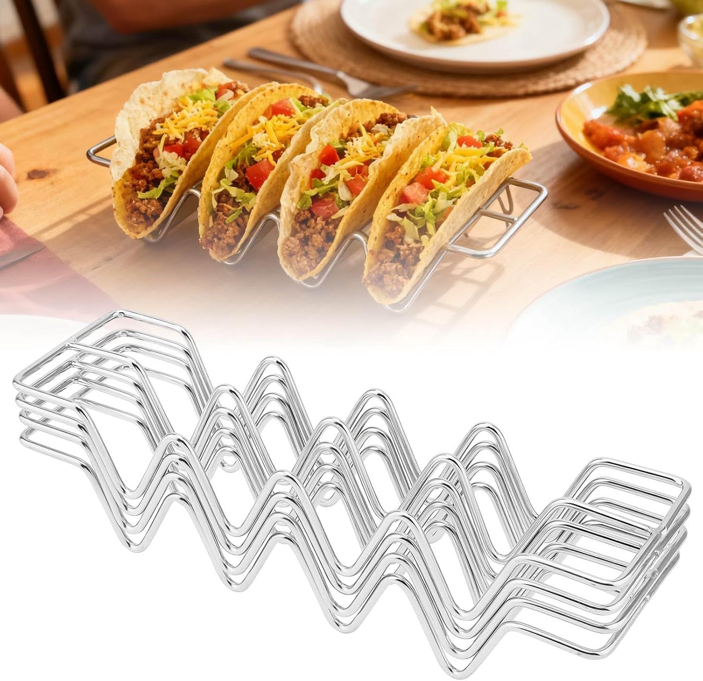 Taco Holders set of 4, Stainless Steel Taco Shell Holder Stand Rack, Holds 4 Tortillas Each, Taco Tray Plates for Taco Bar, Oven Safe for Baking, Dishwasher and Grill Safe, Taco Holders Rack