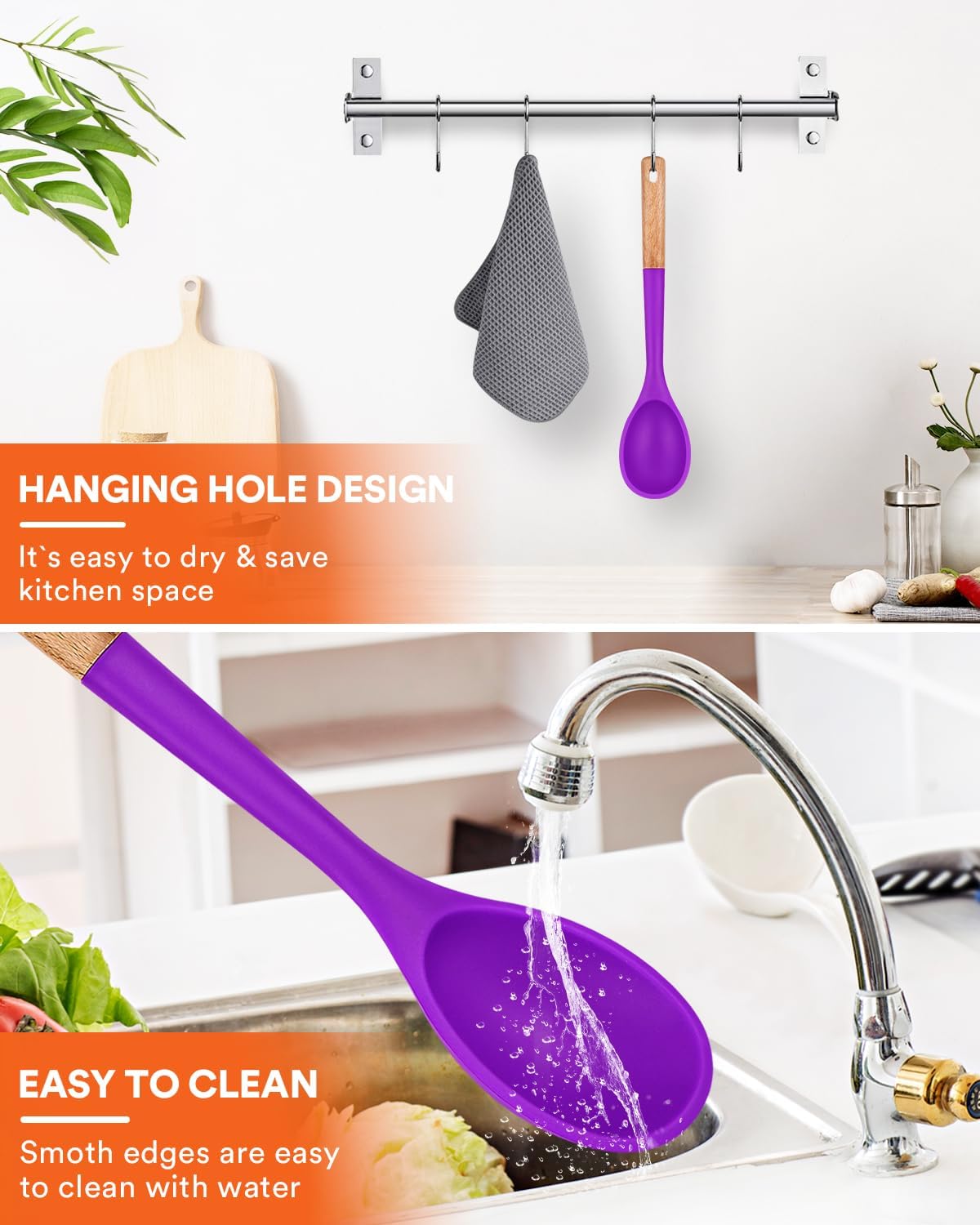 Large Silicone Cooking Spoons, Nonstick Solid Wooden Handle Spoon, Heat Resistan Silicone Kitchen Spoons for Cooking, Serving, Basting, Mixing, 13.2inch (Grey)