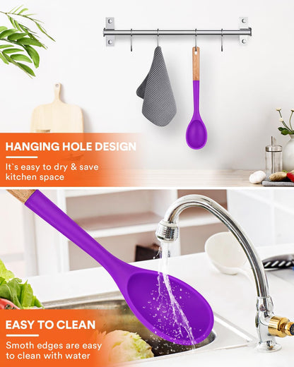 Large Silicone Cooking Spoons, Nonstick Solid Wooden Handle Spoon, Heat Resistan Silicone Kitchen Spoons for Cooking, Serving, Basting, Mixing, 13.2inch (Grey)