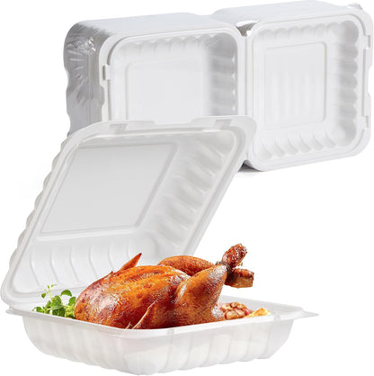 Food Containers 7.8" 30 oz 65 Pack - BPA Free Mineral Filled PP Plastic | 3 Compartment Shrink Wrap Clamshell Stackable | Reusable Freezer & Microwave Safe | White Commercial Takeout Boxes