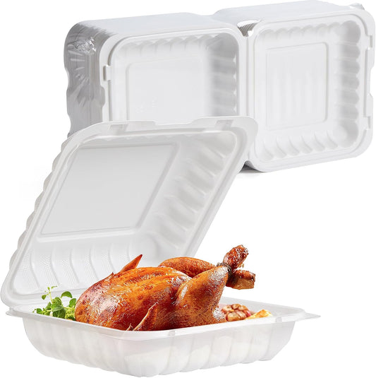 Food Containers 7.8" 30 oz 65 Pack - BPA Free Mineral Filled PP Plastic | 3 Compartment Shrink Wrap Clamshell Stackable | Reusable Freezer & Microwave Safe | White Commercial Takeout Boxes