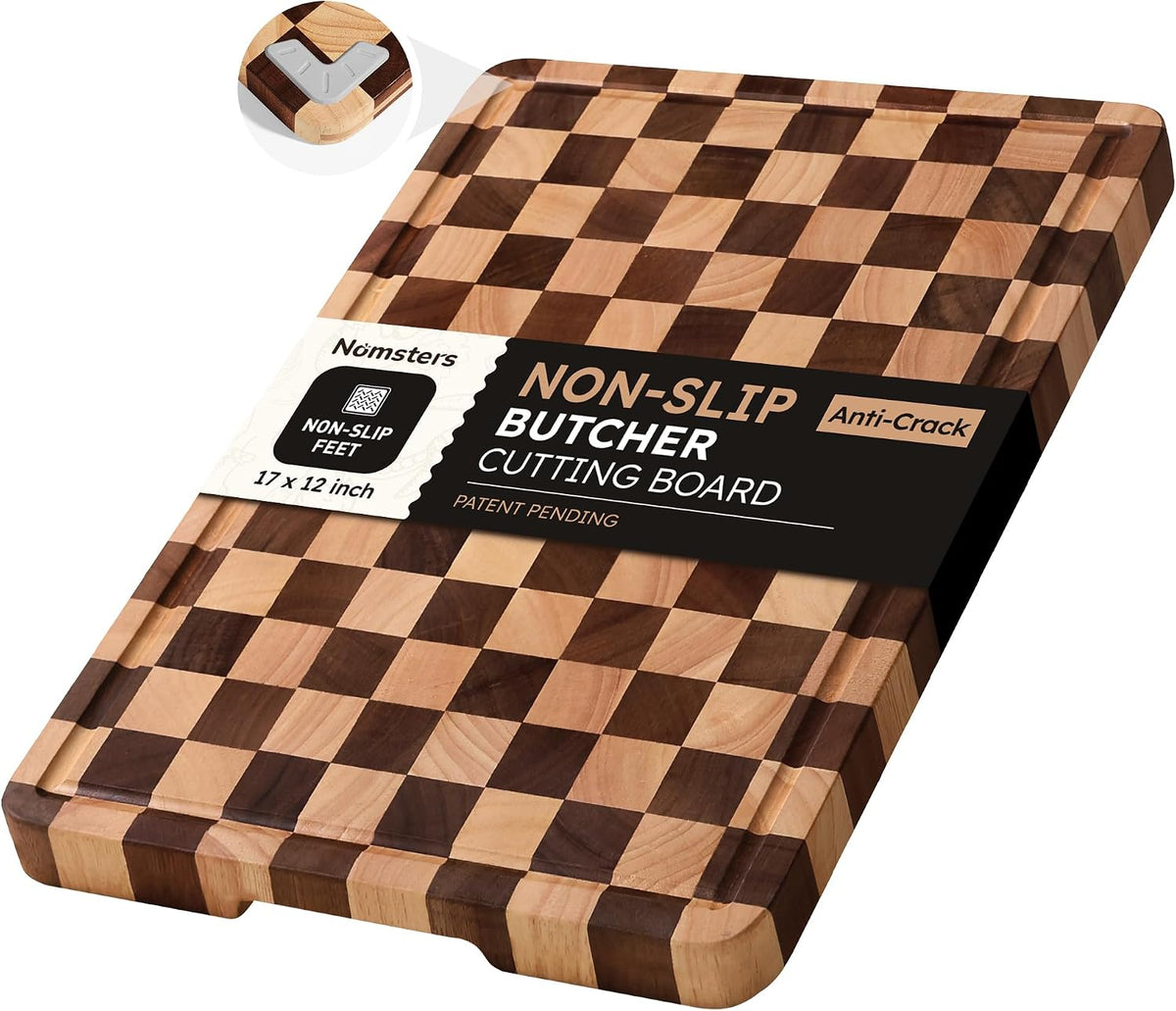 3 Packs Cutting Boards for Kitchen Checkered Cutting Board Acacia Wood Charcuterie Board Serving Heavy Duty Non Toxic Slip Butcher Block Wood Chopping Board with Juice Grooves Handles
