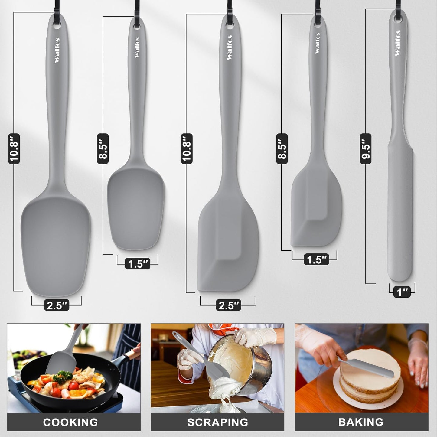 Walfos 600°F High Heat Resistant Silicone Spatula Set of 5- Food Grade Rubber Spatula Set for Baking Cooking & Mixing - BPA Free, Non Stick and Dishwasher Safe,black