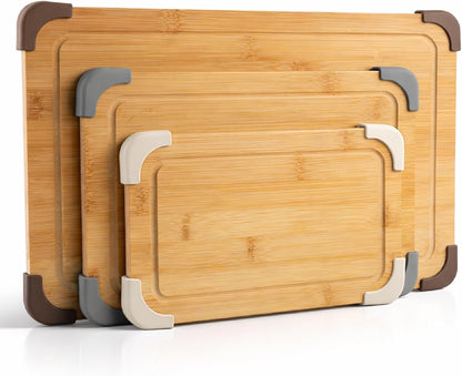 COOK WITH COLOR Non-Slip Cutting Board Set – Kitchen Essentials with Easy Grip Handle for Meat, Veggies, and Fruits, 3 Cutting Boards, Bamboo Non-Slip Grey