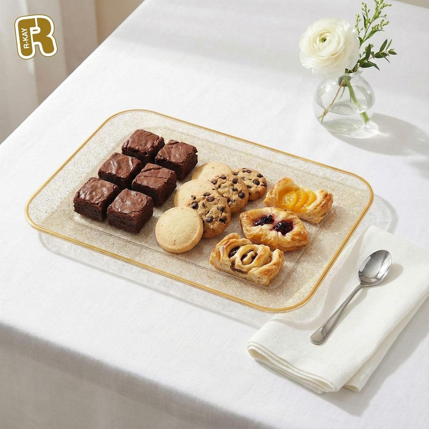 R-kay 3 Pack White Plastic Serving Trays for Party - Rectangular, 8 by 11 in, Heavy Duty Dessert Trays for Food