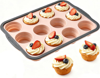 Silicone Muffin Pan for Baking with Metal Frame， Nonstick Cupcake Pan, 6 Cup Baking Pan for Cupcake, Tarts, Egg Bites(6 Cup Pink)