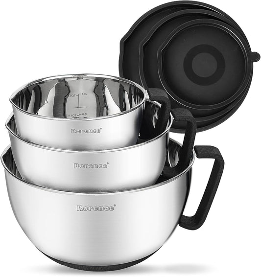Rorence Stainless Steel Non-Slip Mixing Bowls With Pour Spout, Handle and Lid, Set of 3, Black
