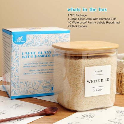 Large glass flour and sugar containers with 132 Kitchen Pantry Labels - 110 oz Glass Food Storage Containers with Airtight Lids - Square Glass Jars with Bamboo Lids for Rice, Pasta, Cookies, grain
