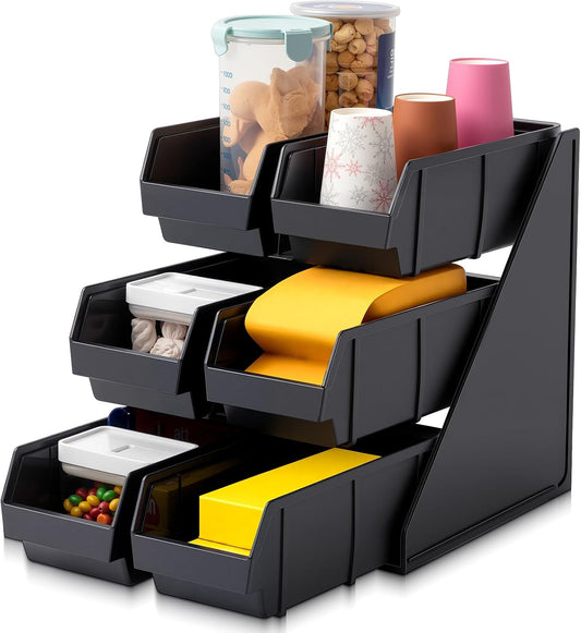 Novabright 6 Compartment Serve Condiment Bin Self Serve Condiment Packet Organizer Stand Countertop Plastic Containers Storage Display Rack for Coffee Shops Restaurants Bars(6 Bin)