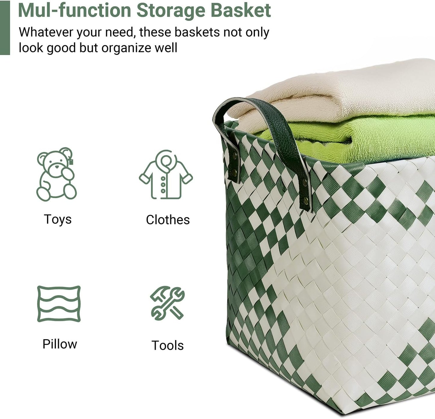 15L Laundry Baskets Waterproof Storage Baskets For Shelves Large Laundry Hamper With Leather Handle -set of 4 Cube Organizers Woven Bins for Bathroom,Bedroom,Pantry,Clothes,Car & Towels-Brown
