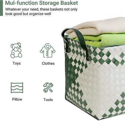 15L Laundry Baskets Waterproof Storage Baskets For Shelves Large Laundry Hamper With Leather Handle -set of 4 Cube Organizers Woven Bins for Bathroom,Bedroom,Pantry,Clothes,Car & Towels-Brown