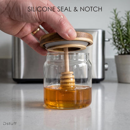 Honey Jar Pot Glass Holder Dispenser Set with Wooden Dipper Stick and Acacia Lid Cover - 14 Oz Honey Jar with Dipper and Lid - Modern Glass Honey Dispenser & Honey Drizzler for Home Kitchen Decor