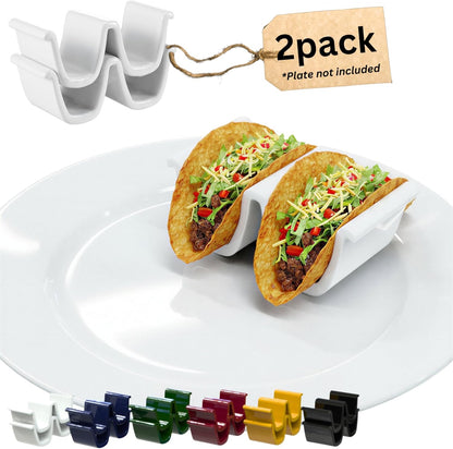 HolaTasty Taco Shell Holder Ceramic, Taco Gifts for Thanksgiving Christmas - Taco Holders Set of 2, Dual Taco Stand for Plates - Hold Street/Hard Shells, Mini Taco Night Accessories for Taco Lovers