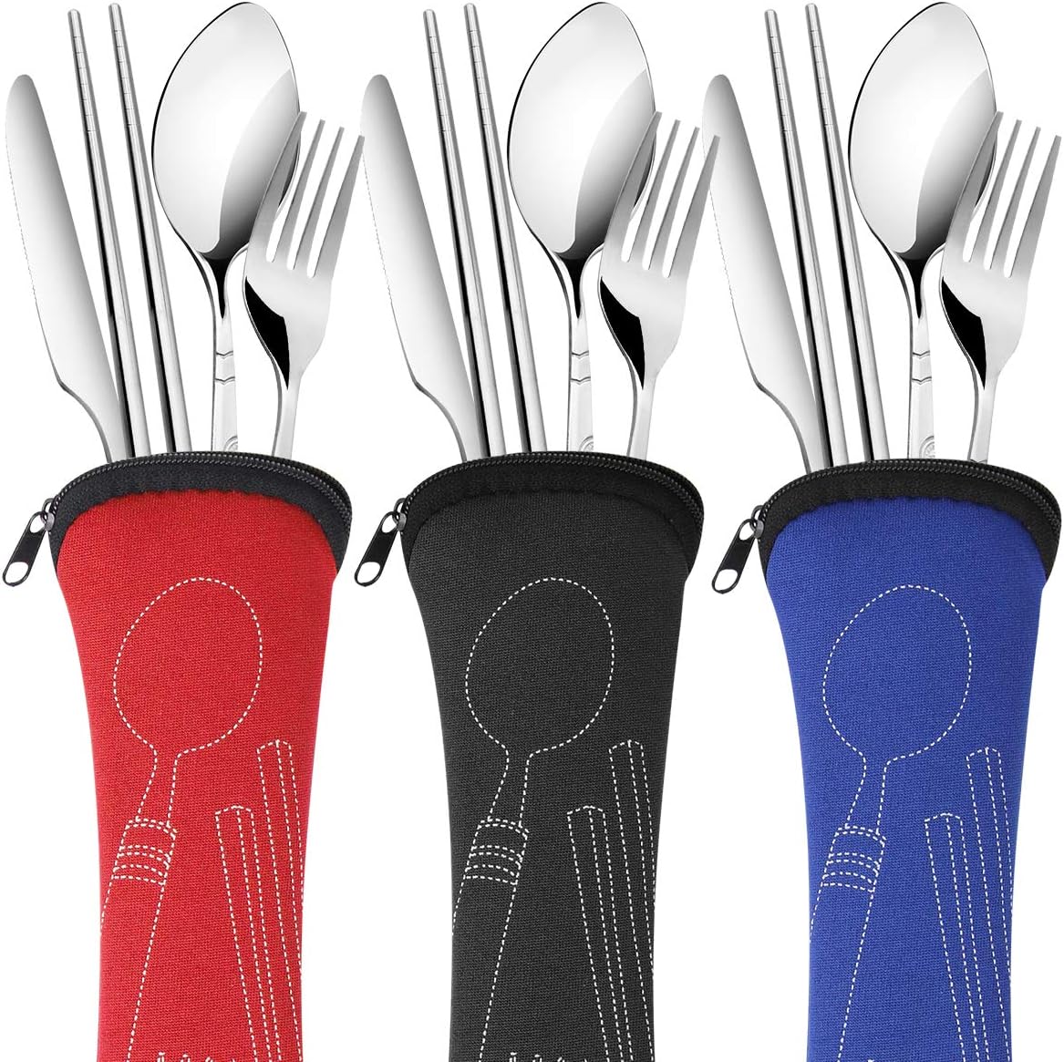 Arroyner 6 Pack Reusable Flatware Sets Knife, Fork, Spoon, Chopsticks, 24Pcs Portable Travel Stainless Steel Tableware Dinnerware with Carrying Case