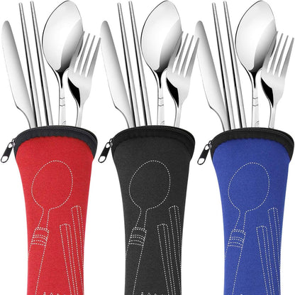 Arroyner 6 Pack Reusable Flatware Sets Knife, Fork, Spoon, Chopsticks, 24Pcs Portable Travel Stainless Steel Tableware Dinnerware with Carrying Case