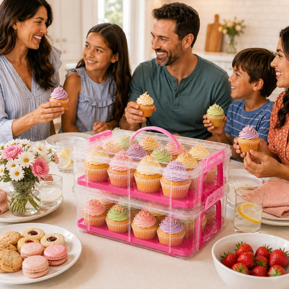 Cupcake Carrier Stackable Storage Container Collapsible Cake Carrier with Lid and Handle, with 50 PCS Cupcake liners,Reusable Plastic Dessert Travel Container,Transport Box (24 Cupcakes White)