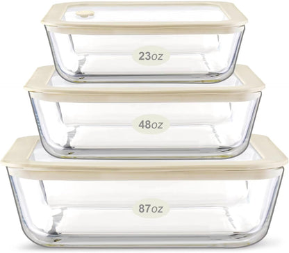 Urban Green Glass Food Container Set with Glass Lid, 3 Pack, Food Storage Containers Set, Airtight, LeakProof, 100% Plastic Free, Meal Prep Containers (White Color)