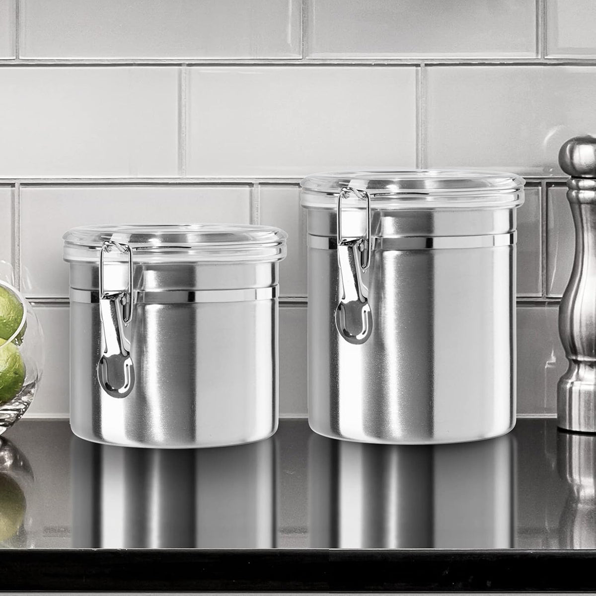 Oggi Stainless Steel Kitchen Canister 62 fl oz - Airtight Clamp Lid, Clear See-Thru Top - Ideal for Kitchen Storage, Food Storage, Pantry Storage. Large Size 5" x 7.5".