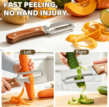 Left & Right Hand Vegetable Peeler Set with Scallion Slicer & Bottle Opener, Heavy-Duty Thick Stainless Steel Blade, Multi-Function Kitchen Peeler with Wooden Handle for Fruits & Vegetables(New 2pcs)