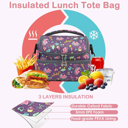 FlowFly Kids Double Decker Cooler Insulated Lunch Bag Large Tote for Boys, Girls, Men, Women, With Adjustable Strap, Unicorn