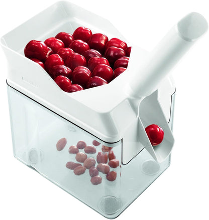 Leifheit Cherry Stoner Remover – Stainless Steel Plunger Pits 25 Lbs/Hour, Easy-Clean Container, Dishwasher Safe, Ideal for Pies, Canning, Snacking, German Design, Replacement Parts – White