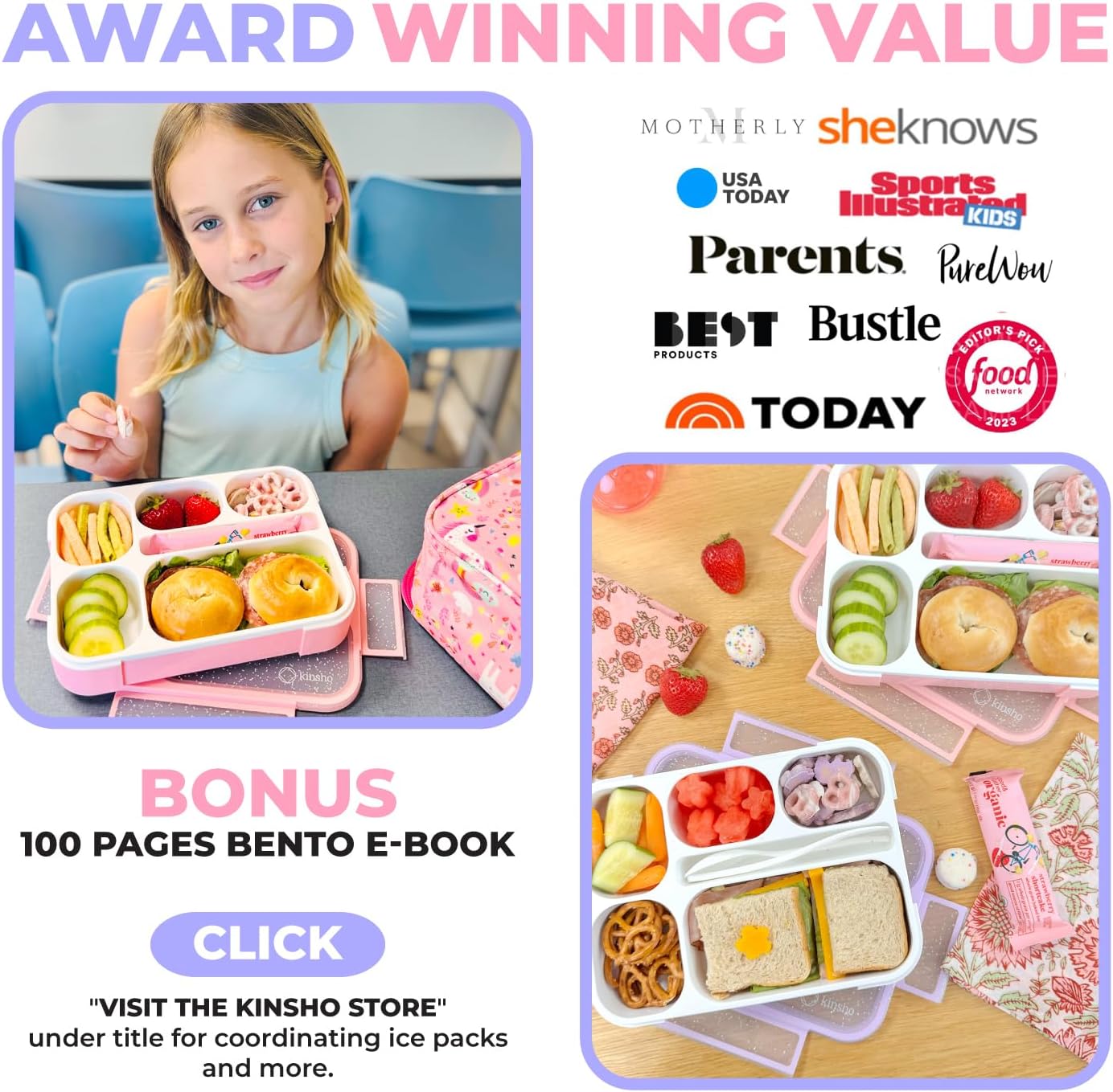 Glitter Lunch Box for Girls, Bento Boxes for School, Pre-School, Toddler Daycare, Travel. Kids Snack Containers, 6 Divided Leak Proof Compartments, BPA Free, Cute 2 Pack Set, Utensils, Pink & Purple