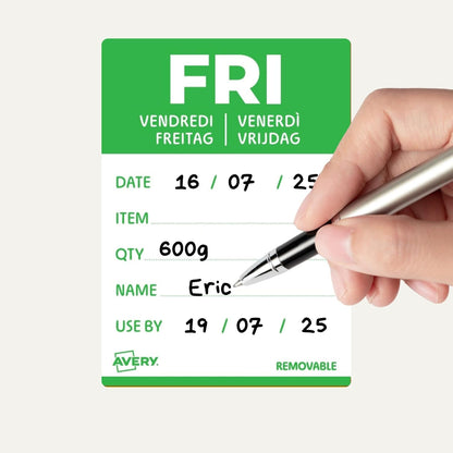 Avery Removable, Hand Writable, Detailed Food Day Labels, Strong Adhesive, 40 x 56 mm, Sunday, Black, 500 Labels, Preprinted Design (DLDSUNREV-500)