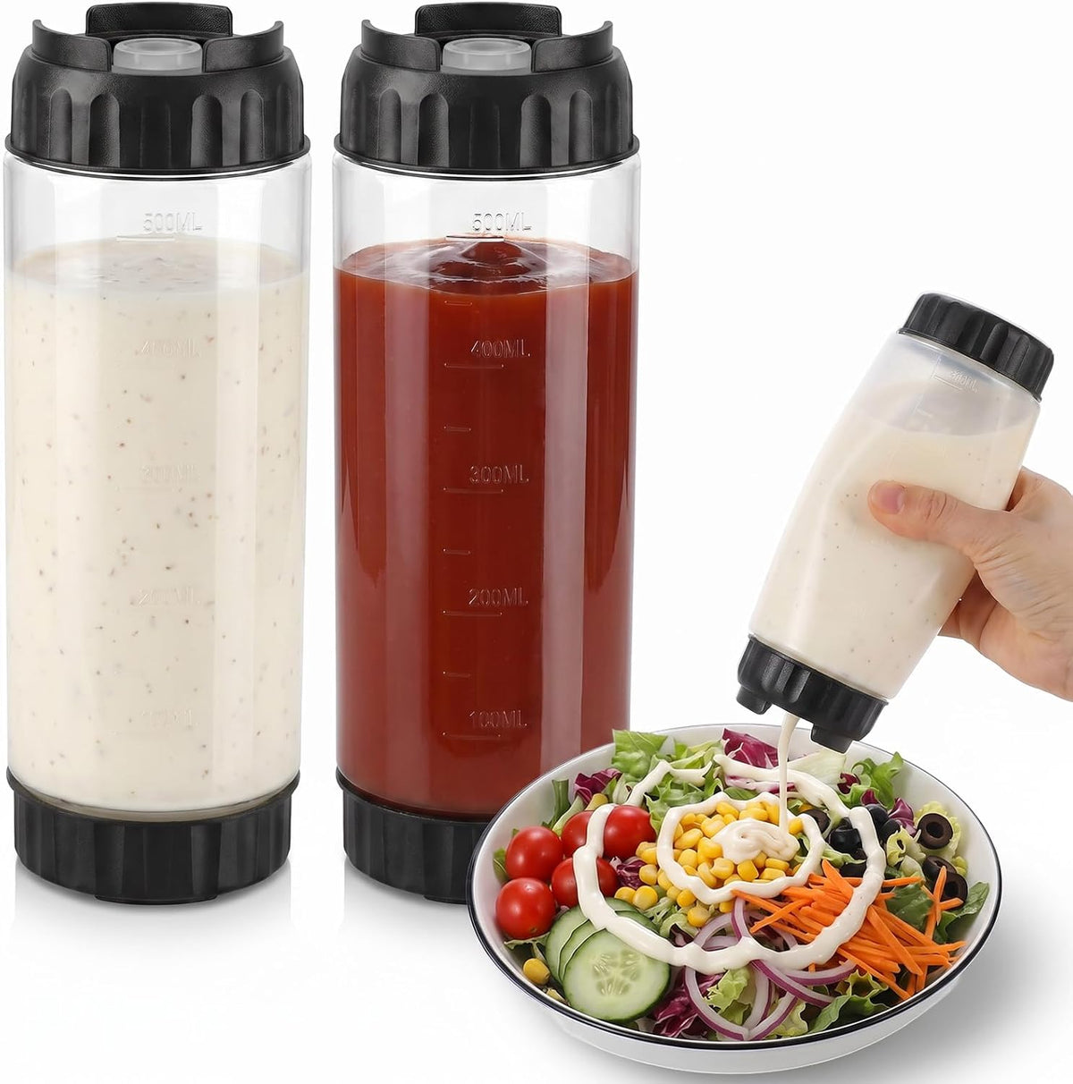 2 Pcs 16 oz Inverted Squeeze Bottles, Valve Condiment Dispenser (Black)