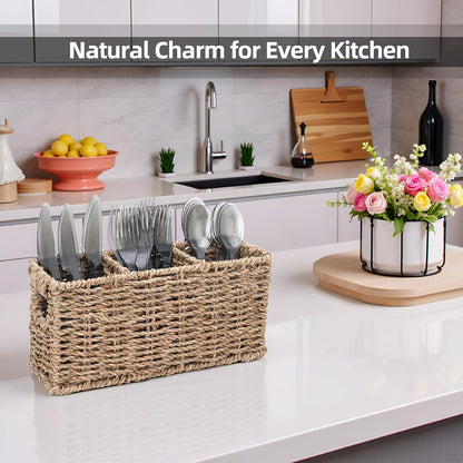 Wicker Party Silverware Caddy, Small Water Hyacinth Plastic Cutlery Utensil Holder, Hand Woven with Handles, Kitchen Countertop and Picnic flatware Organizer