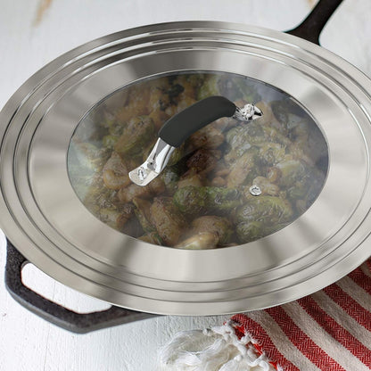 Stainless Steel Universal Lid for Pans Pots Fits 8.25 9 10 11 12 Inch Cast Iron Skillets Frying Pans Woks - Design with Heat Resistant Handle and Vent Hole - Black Handle