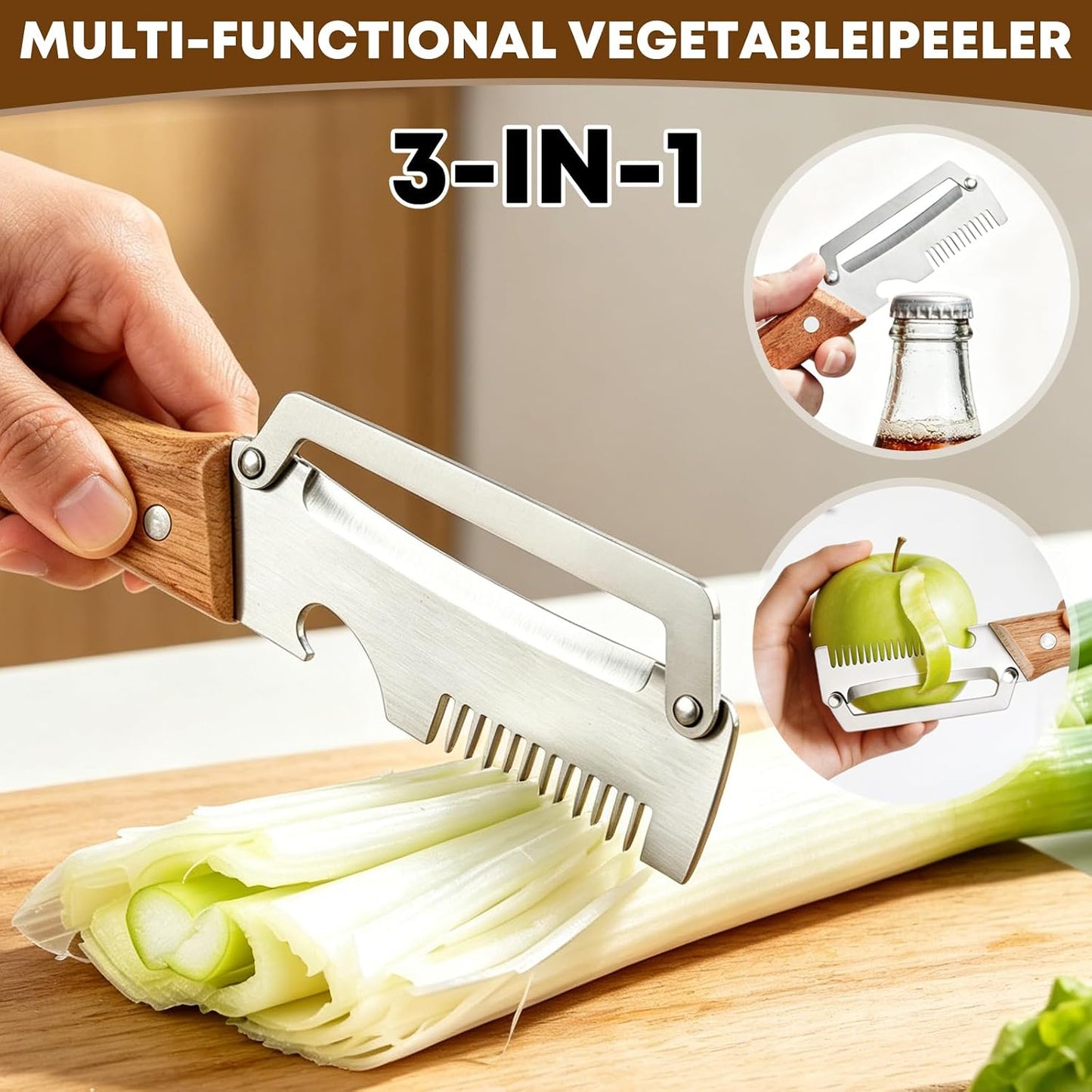 Left & Right Hand Vegetable Peeler Set with Scallion Slicer & Bottle Opener, Heavy-Duty Thick Stainless Steel Blade, Multi-Function Kitchen Peeler with Wooden Handle for Fruits & Vegetables(New 2pcs)