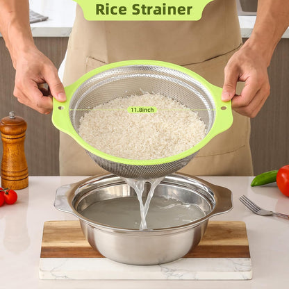 Colander Stainless Steel Microporous, 5QT Large Capacity Rice Washer with Mixing Bowl, 12.5’’Rice Strainer Bowl Set with Handle, Food-Grade Strainers and Colanders for Washing Rice, Pasta
