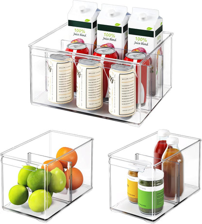 Clear Plastic Storage Bins with Dividers for Fridge Pantry Organizers and Storage Containers, 3 Pack Acrylic Stackable Sturdy Storage Boxes for Home Edit and Cabinet Organizers C6-1