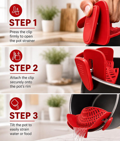 Clip On Pot Strainer for Pots, Pans & Bowls, Silicone Heat Resistant Food Grade Pot Colander, Pasta & Cooking Drainer, Hands-Free Kitchen Strainer with Universal Clip, Dishwasher Safe, Green